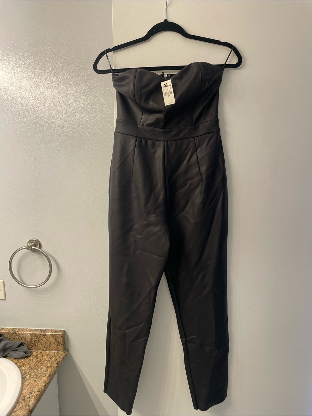 Express Strapless Faux-Leather Black Jumpsuit